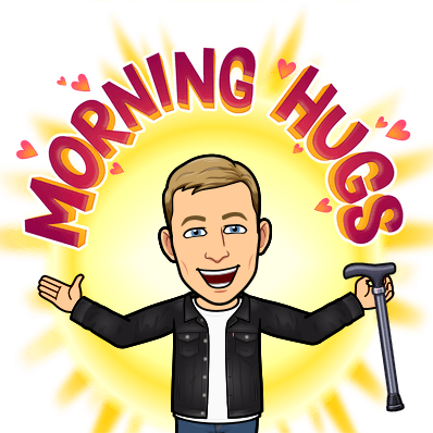 standing in front of a shining sun with arms outstretched holding cane, morning hugs