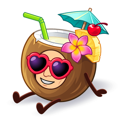 as a pina colada in a coconut with a straw and mini umbrella popping out
