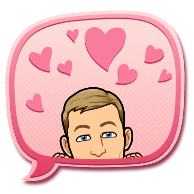 peaking out of a speech bubble surrounded by hearts