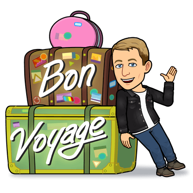 waving while leaning on a stack of luggage, bon voyage