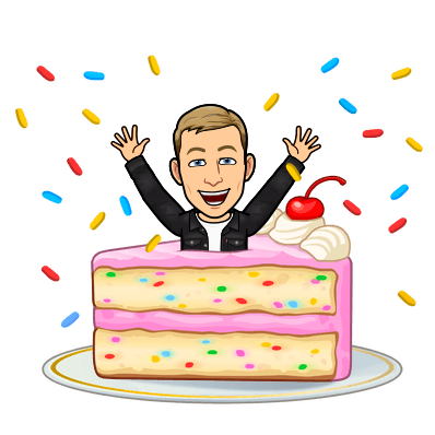 popping out from a slice of cake looking excited with arms raised and confetti falling