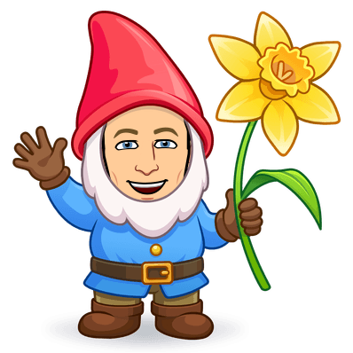 as a happy garden gnome holding a flower and waving