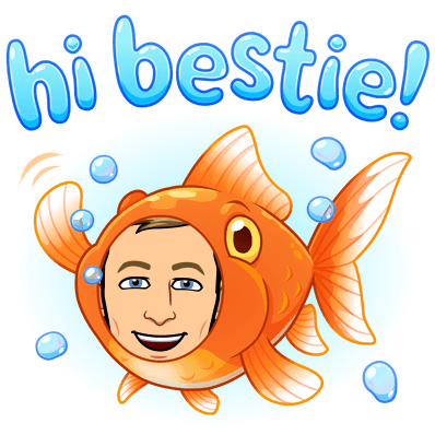 as happy goldfish waving surrounded by bubbles, hi bestie