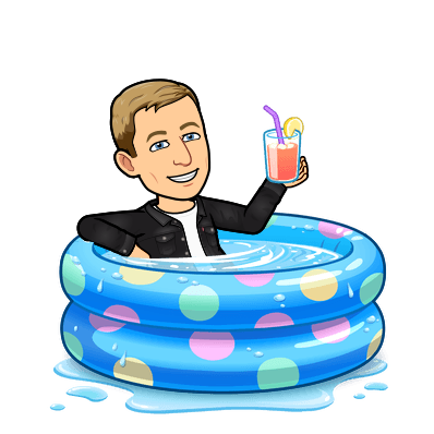 relaxing in a kiddie pool with a drink