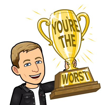 enthusiastically holding a trophy, youre the worst