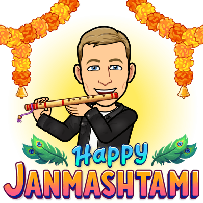 joyfully blowing a flute surrounded by feathers and flowers, happy janmashtami