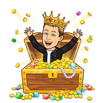 enthusiastically popping out of a chest overflowing with gold coins and diamonds