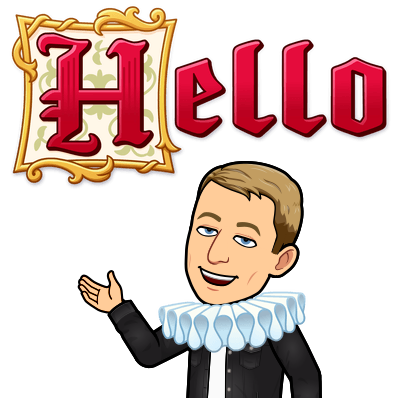 smiling and gesturing politely in an old time ruffled collar, hello