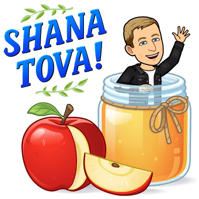 waving joyfully popping out of a jar of honey next to an apple, shana tova