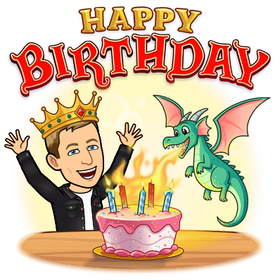 looking overjoyed alongside dragon blowing fire to light candles on a cake, happy birthday