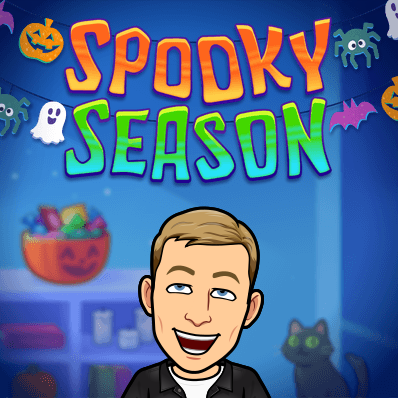 looking excited with a big smile in a halloween decorated room, spooky season