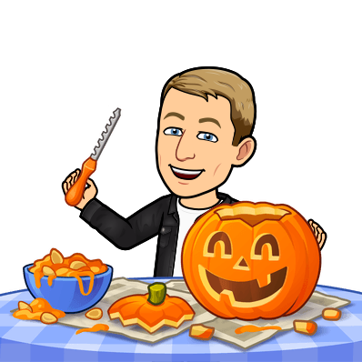 joyfully carving a pumpkin