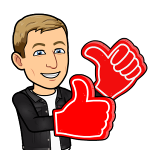 smiling enthusiastically with two oversized foam thumbs up 