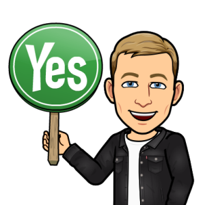 smiling and holding a green sign, yes