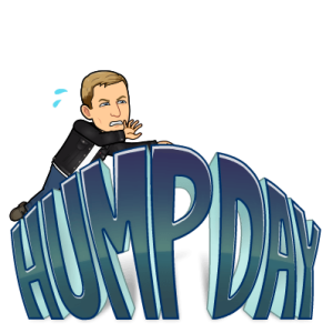 struggling to climb the hillside of big block letters while sweating, hump day